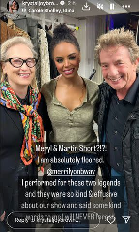 <p>Krystal Joy Brown/Instagram</p> Meryl Streep and Martin Short pose backstage at 'Merrily We Roll Along' on Broadway