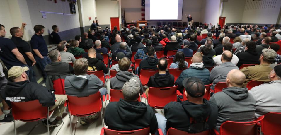 Jeff Cool, retired FDNY firefighter speaks to a packed house at the Rockland County Fire Training Center in Pomona Feb. 20, 2023. Cool was seriously injured battling a fire in NYC where several firefighters died. He survived a four-story fall on Jan. 22, 2005 from a burning Bronx building filled with illegal rooms.