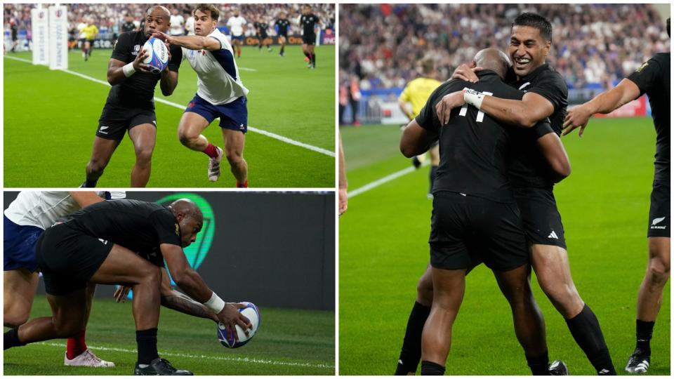Mark Telea scoring a try for All Blacks v France in Rugby World Cup opener in 2023. Credit: Alamy