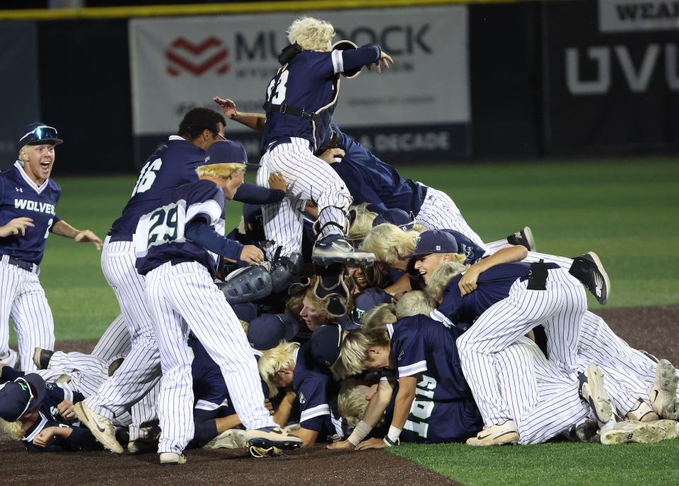 Timpanogos players celebrate their win over Lehi in the 5A state baseball championship in Orem on Saturday, May 27, 2023. | Jeffrey D. Allred, Deseret News