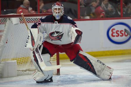 Feb 22, 2019; Ottawa, Ontario, CAN; Columbus Blue Jackets goalie Sergei Bobrovsky (72) warms up prior to the start of the second period against the Ottawa Senators at the Canadian Tire Centre. Mandatory Credit: Marc DesRosiers-USA TODAY Sports