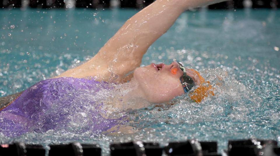 Hoover’s Marie Lochridge competes in Girls 100 Yard Backstroke in 2024 OHSAA Division I State Swimming Prelims at C.T. Branin Natatorium in Canton. Friday, February 23, 2024.