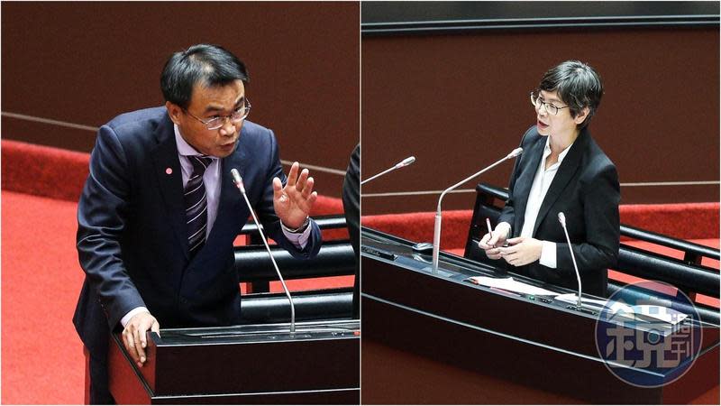 立委蔡壁如（右）質疑民進黨2013年還在反萊豬，農委會主委陳吉仲（左）親自出面解釋。
