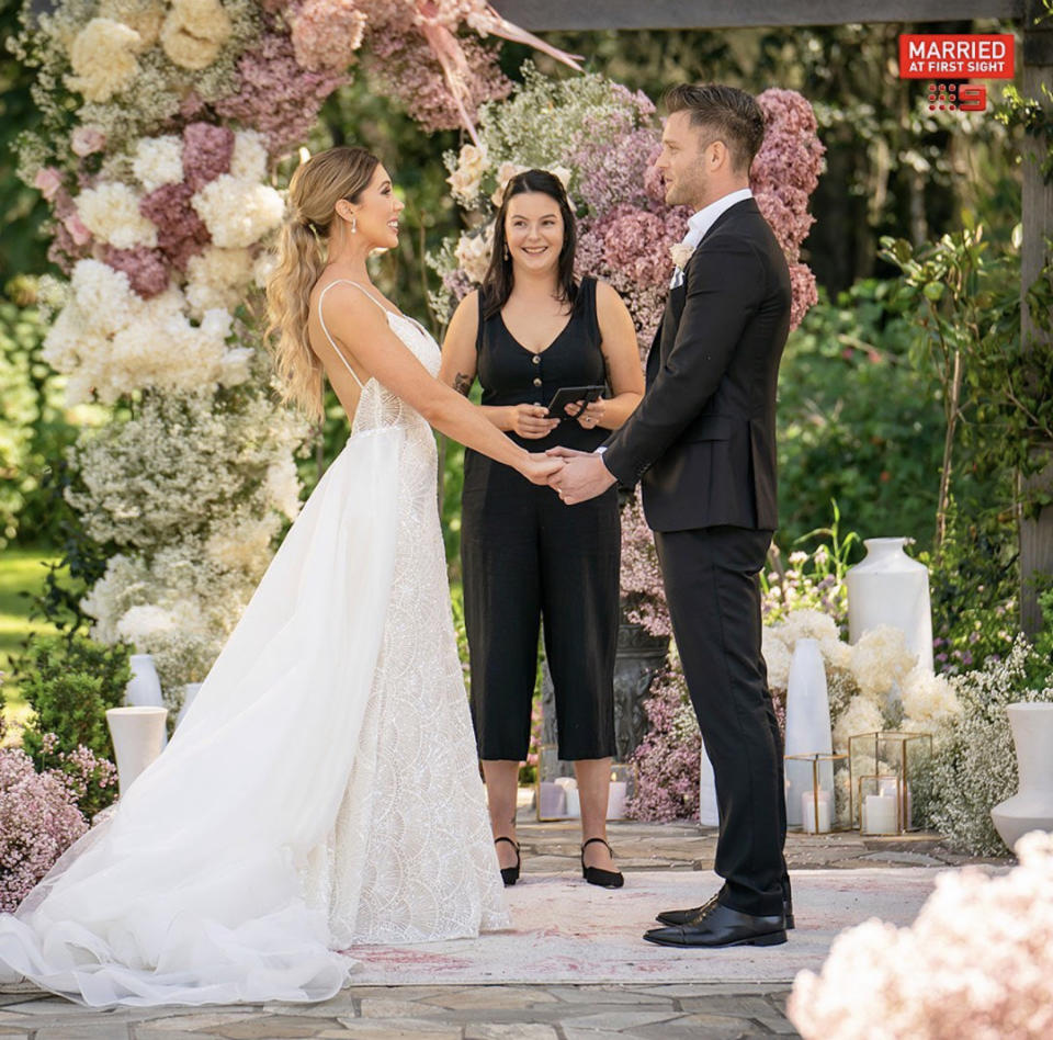 Beck Zemek and her &#39;husband&#39; Jake at their wedding ceremony on Married at First Sight. 