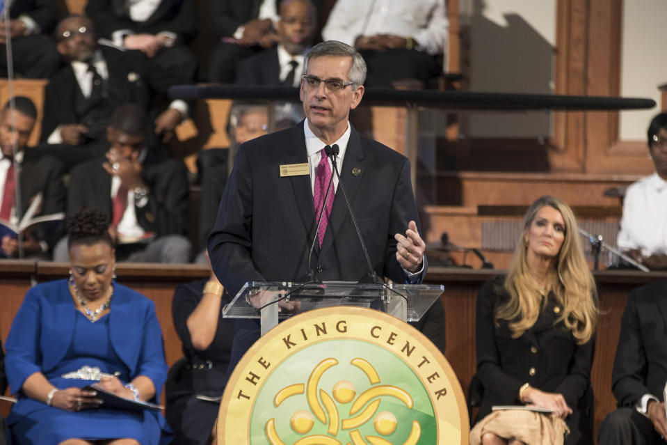 Georgia Secretary of State Brad Raffensperger speaks during the Martin Luther King, Jr. annual commemorative service at Ebenezer Baptist Church in Atlanta on Monday, Jan. 20, 2020. (Branden Camp/Atlanta Journal-Constitution via AP)