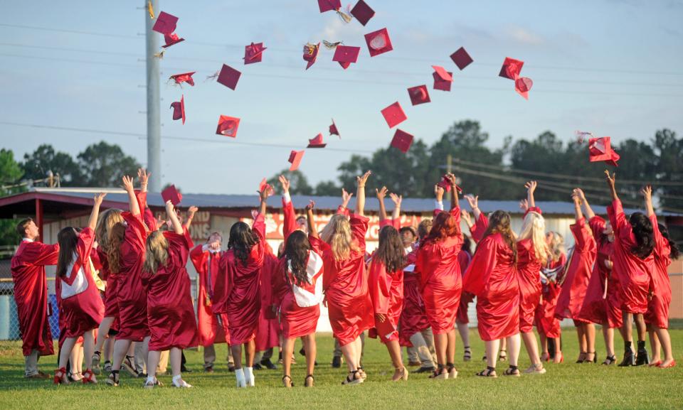 Gaston seniors toss their caps in the air after graduating May 27, 2021 at "Cap'n Bill" Boyd Field at Gaston High School. This year's Etowah County graduations nearly are here, with another crop of seniors set to become high school graduates.
