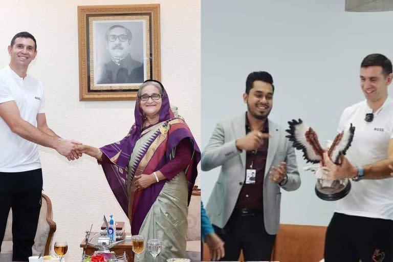 Dibu Martínez fue recibido por la primera ministra de Bangladesh, Sheikh Hasina, y por la leyenda del críquet Mashrafe Mortaza