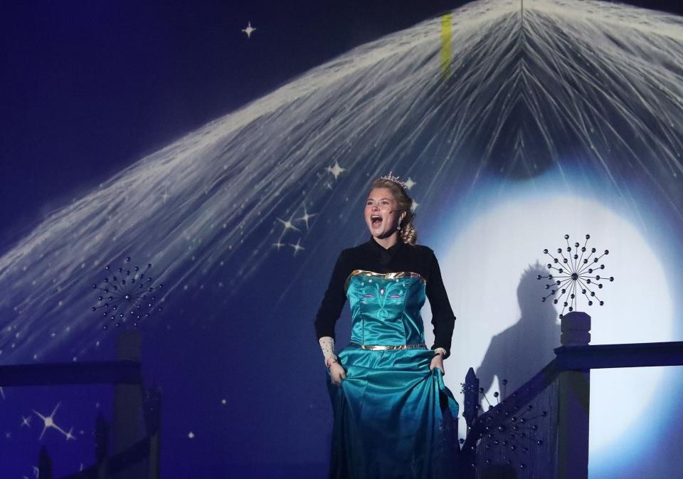 Libby McDonald, as Queen Elsa, sings, Tuesday, Feb. 6, 2024, during dress rehearsal of Spruce Creek High School's production of Disney's "Frozen Jr."