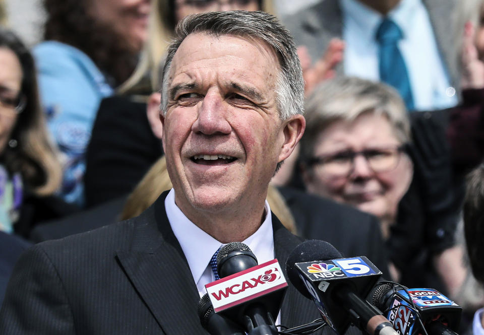 FILE - In this April 11, 2018, file photo, Vermont Gov. Phil Scott speaks before signing a gun restrictions bill on the steps of the Statehouse in Montpelier, Vt. Scott, despite a backlash from his base over gun restrictions he supported, won his party's primary to seek a second term as governor on Tuesday, Aug. 14. (AP Photo/Cheryl Senter, File)