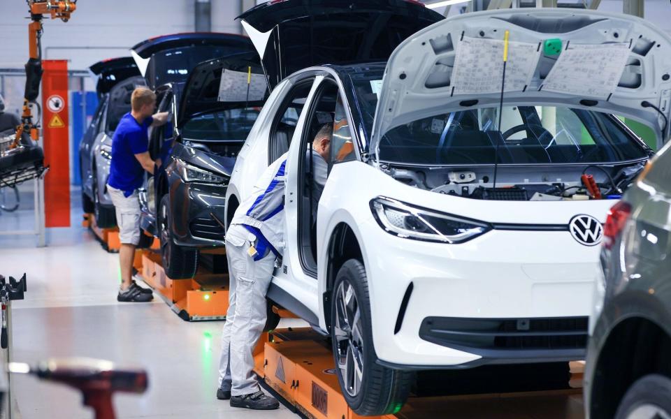 The production line of Volkswagen electric cars at the Volkswagen Sachsen plant in Zwickau, Germany