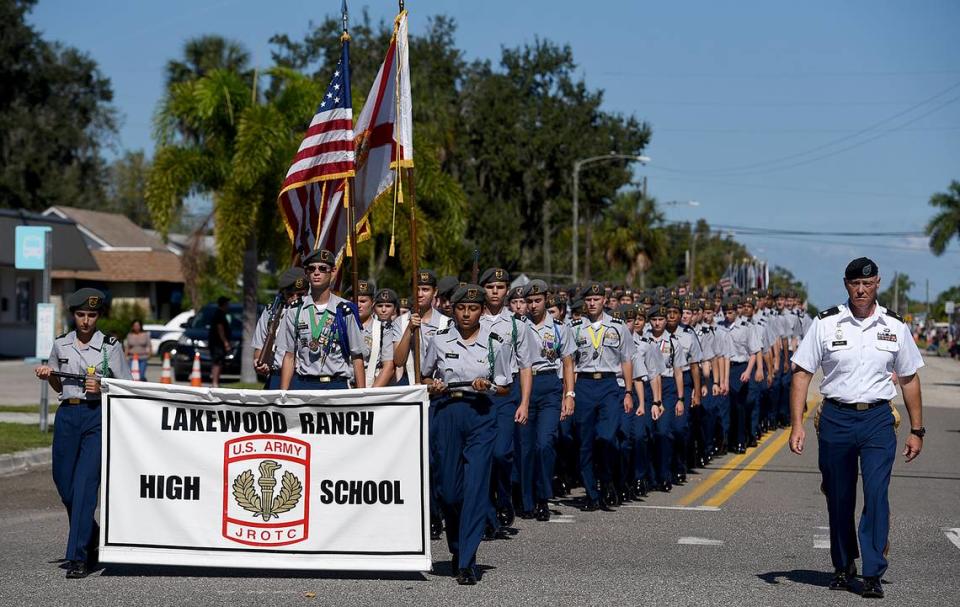 The Lakewood Ranch High JROTC marches in the 2019 Veteran’s Day Parade in Palmetto.