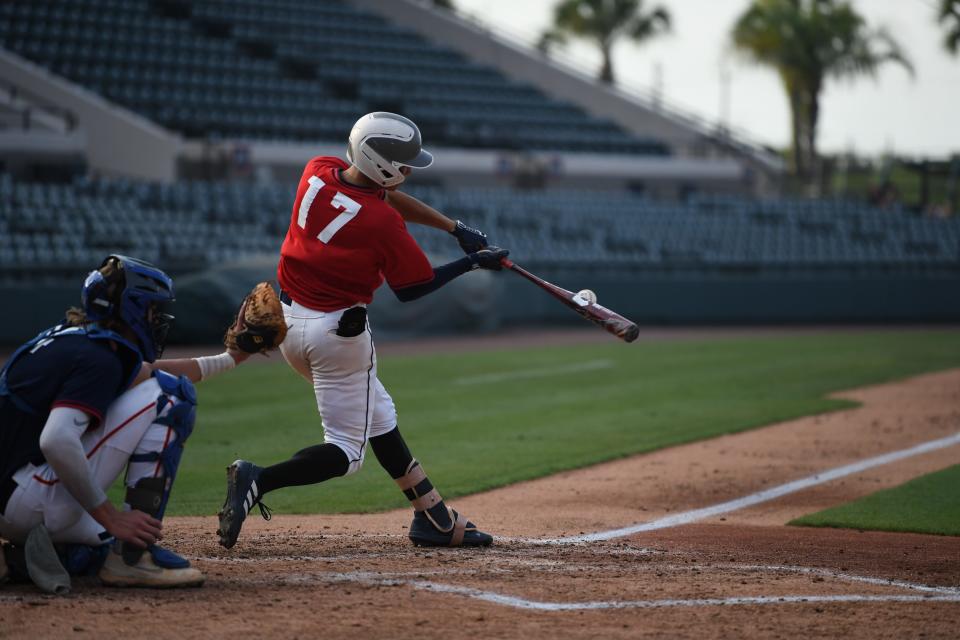 East all-star DeSean Rogers (Winter Haven) connects on a pitch versus the West in the annual Polk County all-star game. Rogers produced a hit in the game. The East all-stars beat the West 6-4 on May, 24, 2022 at Tigertown.