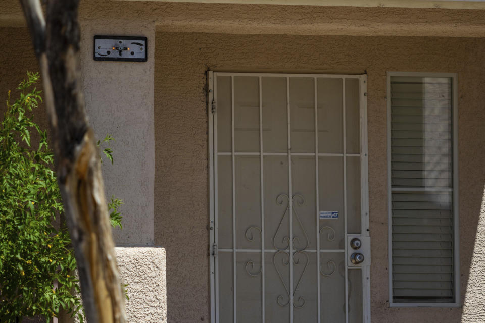 A home searched by Las Vegas police is seen on Thursday, July 20, 2023, in neighboring Henderson, Nev. The property was searched Monday, July 17, in connection with the 1996 drive-by shooting of rapper Tupac Shakur in Las Vegas. (AP Photo/Ty ONeil)