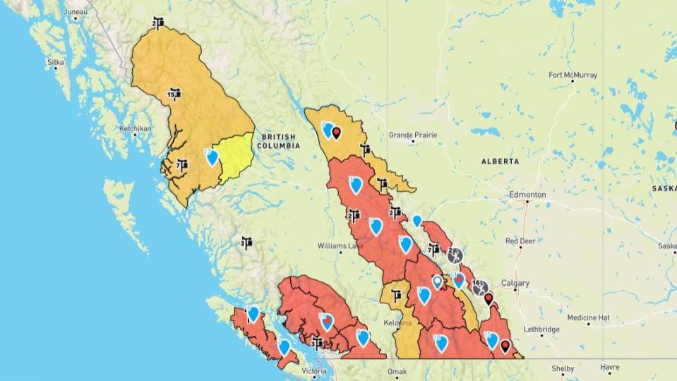 Avalanche danger ratings are shown on an Avalanche Canada map at 12 p.m. PT on Feb. 28, 2024.