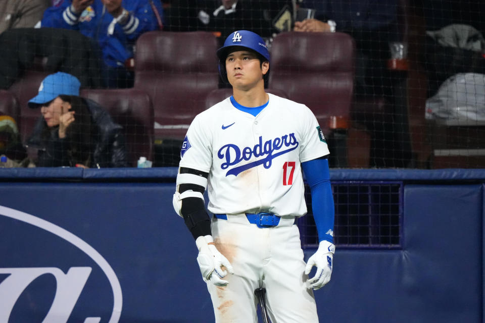 SEOUL, SOUTH KOREA - MARCH 21: A man stands at bat in the bottom of the seventh inning during the 2024 Seoul Series game between San Diego Padres and Los Angeles Dodgers at Gocheok Sky Dome in southern Seoul on March 21, 2024. Los Angeles Dodgers No. 17 Shohei Ohtani Korea.  (Photo courtesy of Master Press/Getty Images)