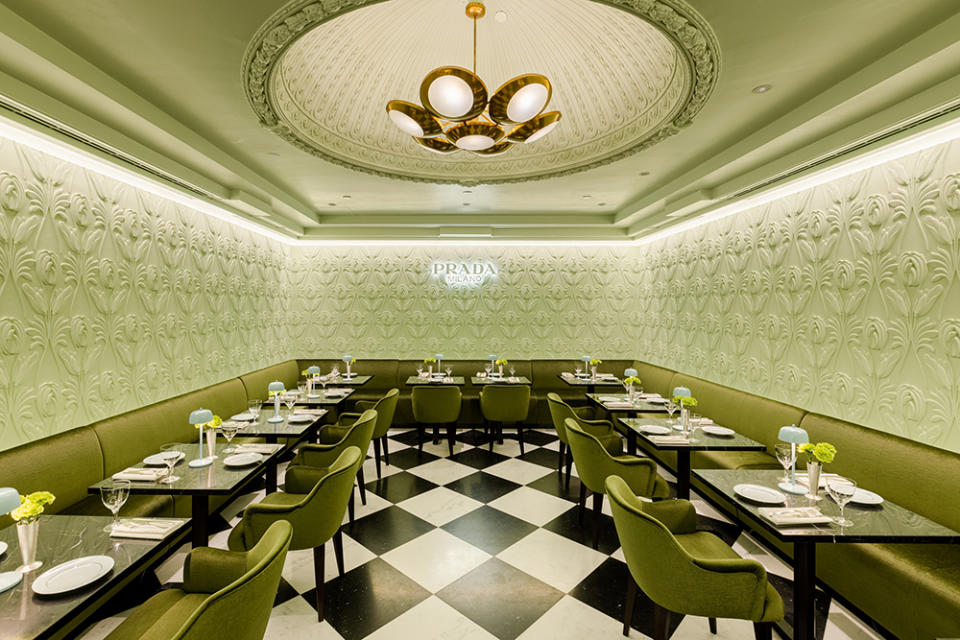 Prada Caffé at Harrods plush green seating