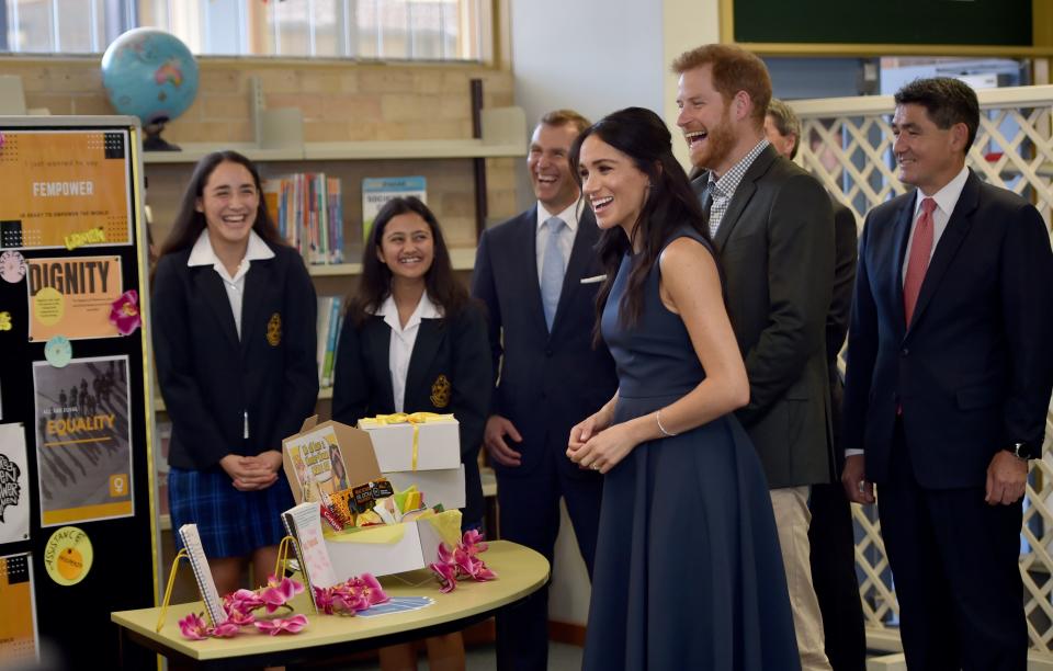 Meghan and Harry were shown the students’ projects (Getty)