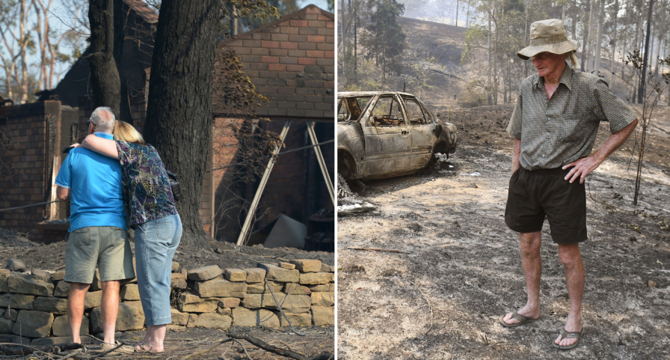 Two photos side by side. The right image shows a woman and a man embracing, looking at their burnt down home. The left image shows a man in a hat looking at his burnt down property, with a burnt out car in the background. 