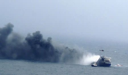 The car ferry Norman Atlantic burns in waters off Greece December 28, 2014 in this handout photo provided by Marina Militare. REUTERS/Marina Militare/Handout via Reuters