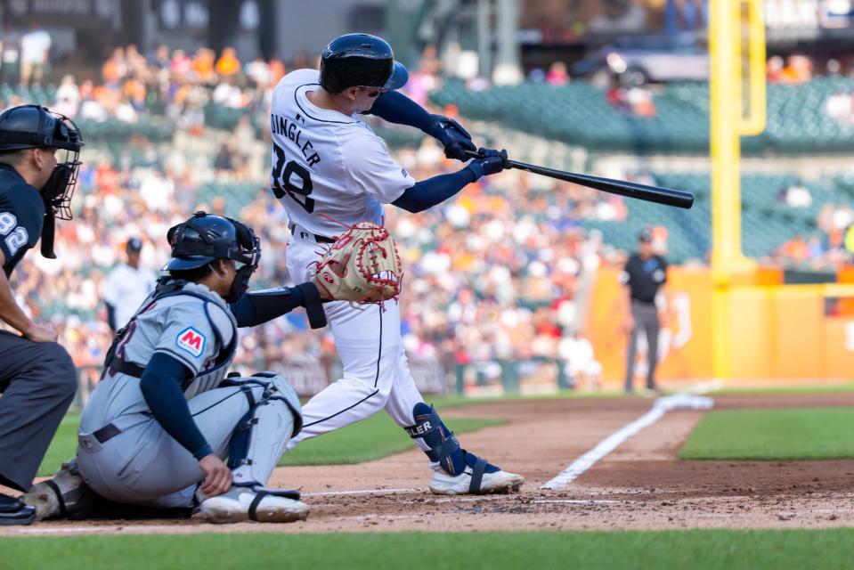 Detroit Tigers catcher Dillion Dingler fouls off a pitch in his first MLB at bat in the second inning against the Cleveland Guardians at Comerica Park on Monday, July 29, 2024 in Detroit.