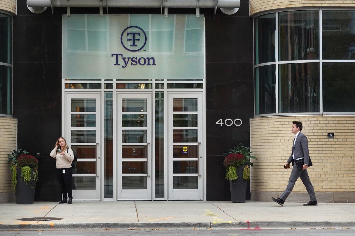 A sign hangs above the door at the Tyson Foods offices on October 06, 2022 in Chicago, Illinois.