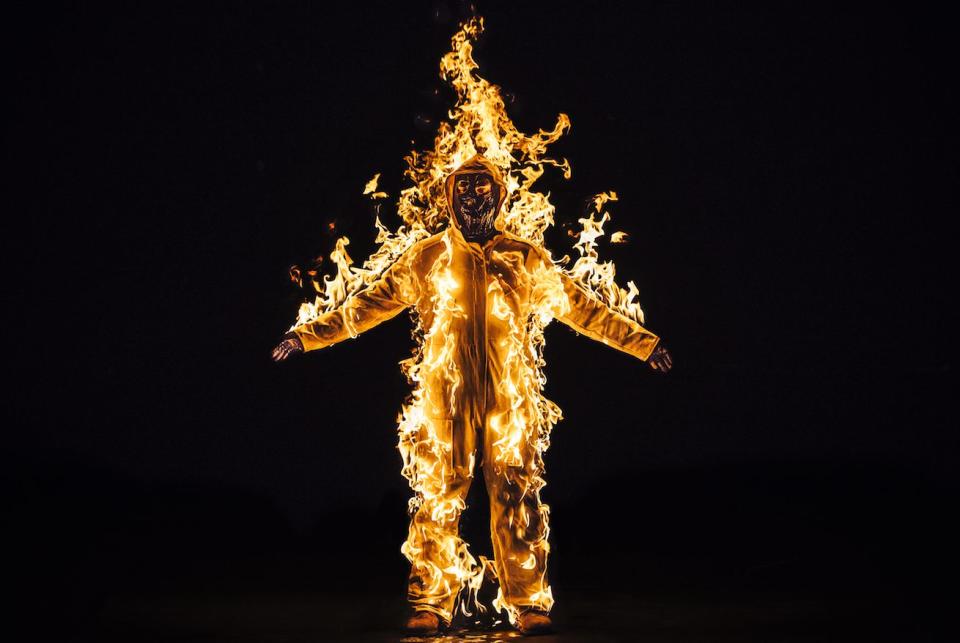 <i>Inextinguishable Fire</i>&nbsp;performance still from the National Theatre, London UK, Spill Festival of Performance 2015 (Photo: Cassils with Guido Mencari Courtesy the artist and Ronald Feldman Gallery New York)