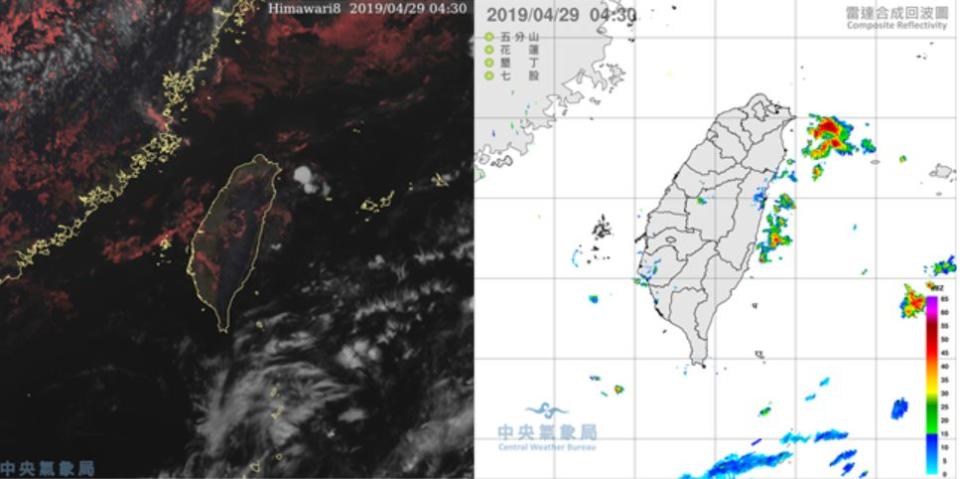 今(29日)晨4：30真實色衛星雲圖顯示，台灣上空有鬆散的低雲(左圖)；雷達回波合成圖則顯示，東側海面上有零星的降水回波(右圖)。(取自中央氣象局)