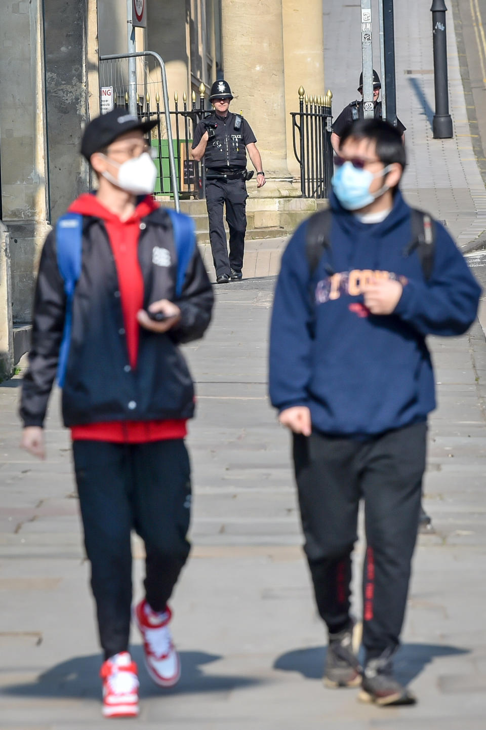 Police patrol Park Street, Bristol, where they are checking the movement of people as the UK continues in lockdown to help curb the spread of the coronavirus.