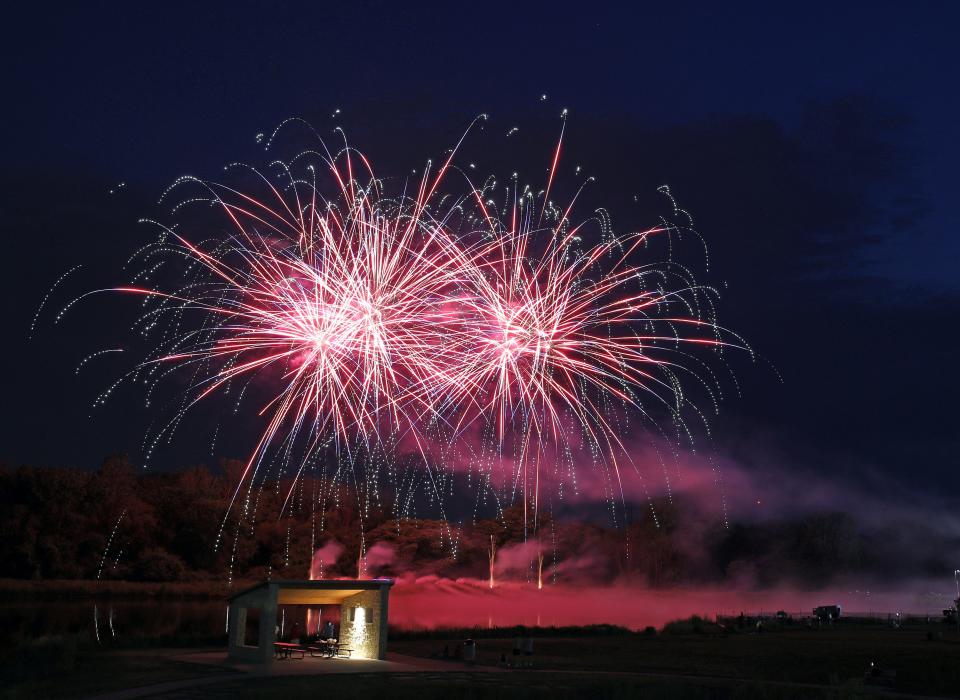 Fireworks explode over Terra Park in Johnston during the city's Green Days celebration on Saturday, June 19, 2021.