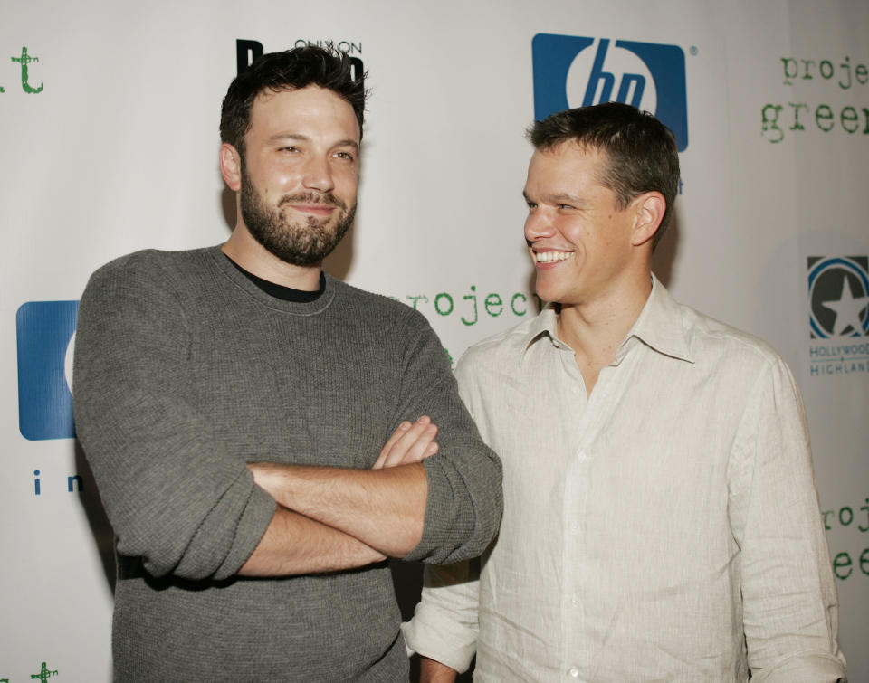 HOLLYWOOD - JULY 13:  Actors Ben Affleck (left) and Matt Damon (right) attend the announcement of the winners of this year's Project Greenlight on July 13, 2004 at The Highlands, in Hollywood, California. (Photo by Carlo Allegri/Getty Images)