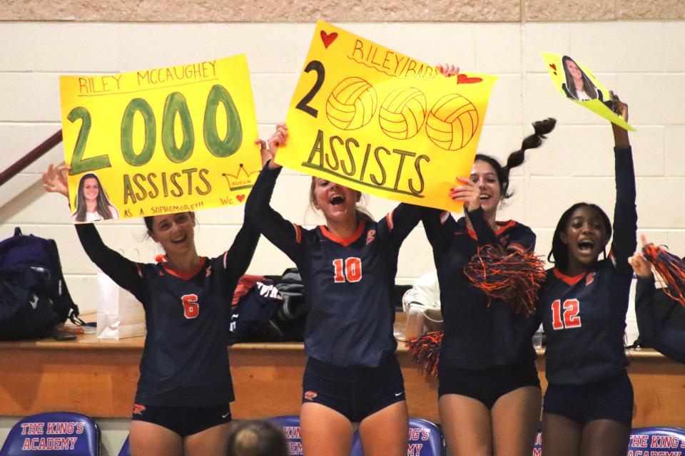 Benjamin setter Riley McCaughey exceeded 2,000 career assists at King’s Academy during region semifinals on Friday, Oct. 27, 2023.