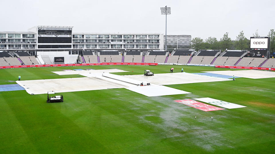 Rain, pictured here ruining the start the ICC World Test Championship final.