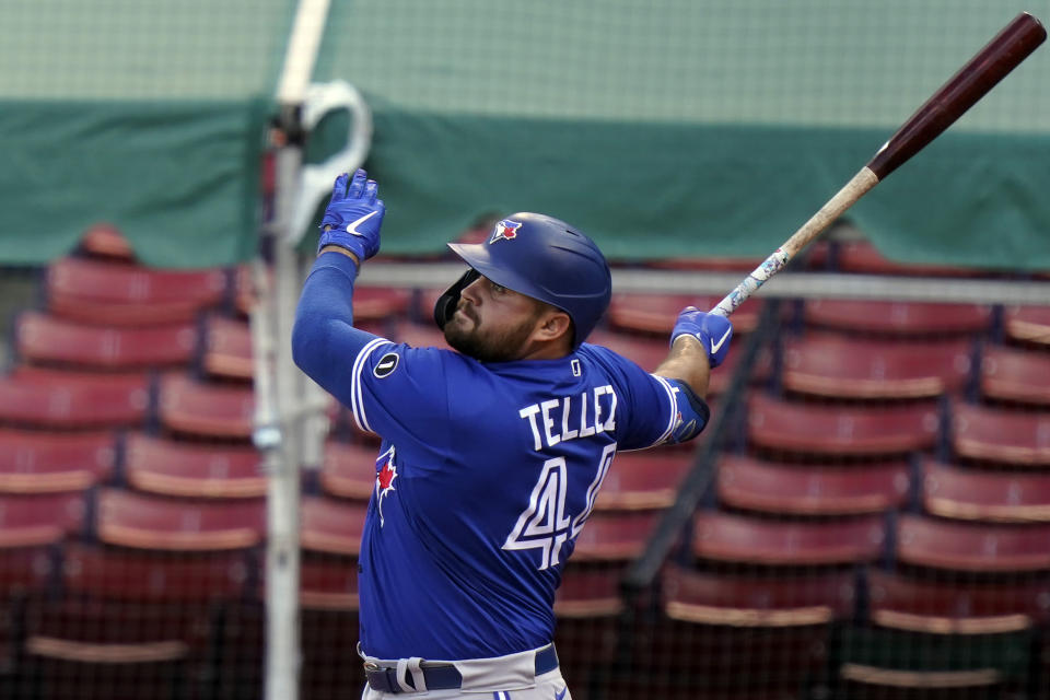 Toronto Blue Jays' Rowdy Tellez hits a home run in the sixth inning of a baseball game against the Boston Red Sox, Sunday, Sept. 6, 2020, in Boston. (AP Photo/Steven Senne)