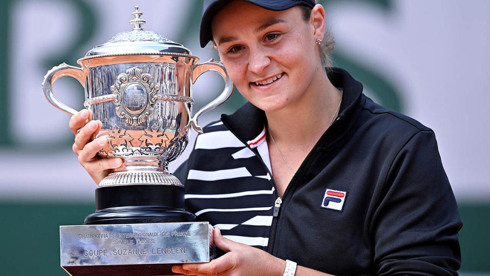 Ashleigh Barty poses with the trophy. (Photo by Mustafa Yalcin/Anadolu Agency/Getty Images)