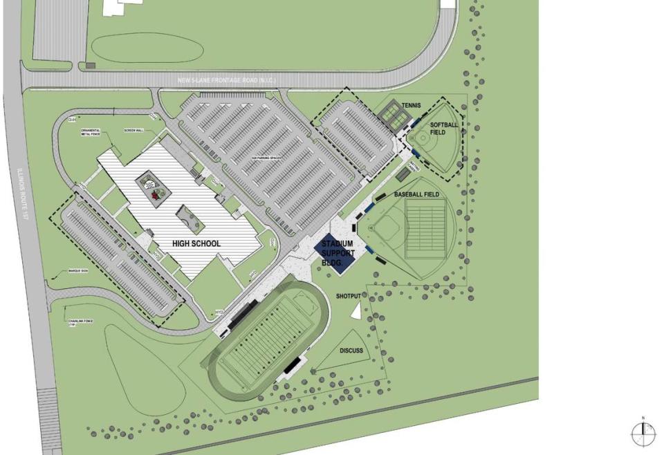 This rendering shows the up-to-date site plan for the 48 acres along Camp Jackson Road/Illinois 157 where the new Cahokia High School will be constructed.