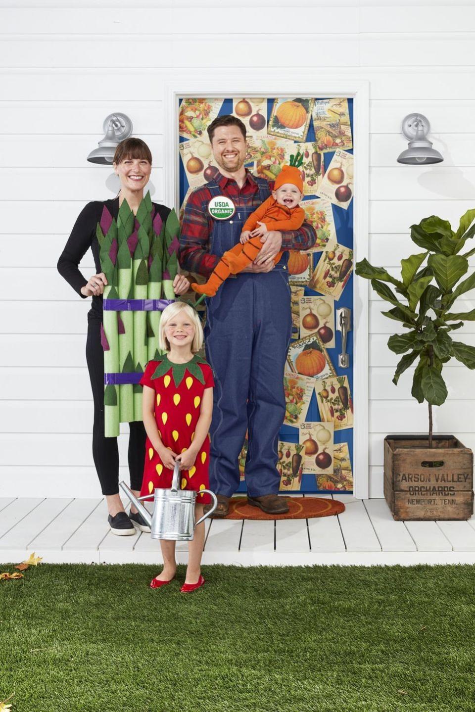 <p>This adorable DIY family costume calls for one farmer in overalls, alongside some of the best veggies and fruits! </p><p><strong>RELATED: </strong><a href="https://www.goodhousekeeping.com/holidays/halloween-ideas/g28106766/family-halloween-costumes/" rel="nofollow noopener" target="_blank" data-ylk="slk:28 Family Halloween Costume Ideas That'll Please the Whole Family;elm:context_link;itc:0;sec:content-canvas" class="link ">28 Family Halloween Costume Ideas That'll Please the Whole Family</a></p>