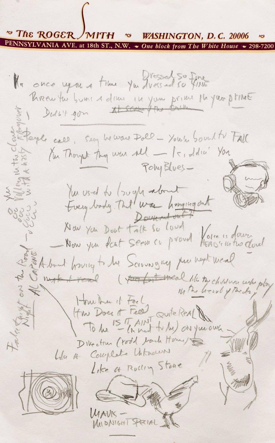 This undated photo provided by Sotheby’s shows a page from a working draft of Bob Dylan’s “Like a Rolling Stone,” one of the most popular songs of all time. The draft, in Dylan’s own hand, is coming to auction in New York on June 24, 2014 where it could fetch an estimated $1 million to $2 million. Sotheby’s says it is “the only known surviving draft of the final lyrics for this transformative rock anthem.” (AP Photo/Sotheby’s)