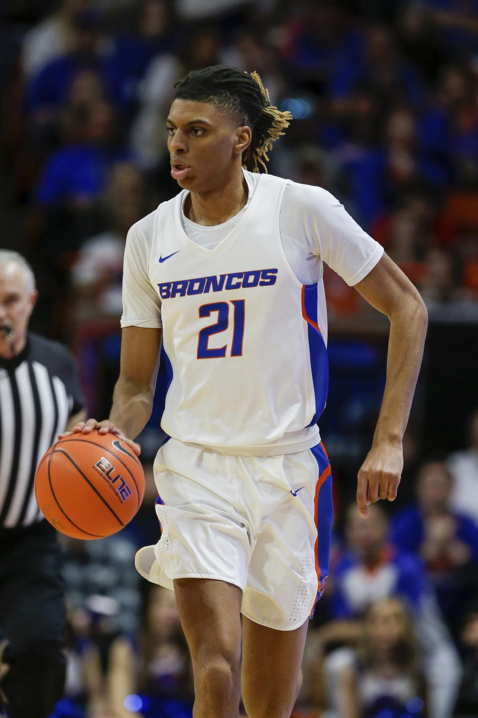 Boise State guard Derrick Alston (21) brings during the second half of the team's NCAA college basketball game against San Diego State, Sunday, Feb. 16, 2020, in Boise, Idaho. San Diego State won 72-55. (AP Photo/Steve Conner)