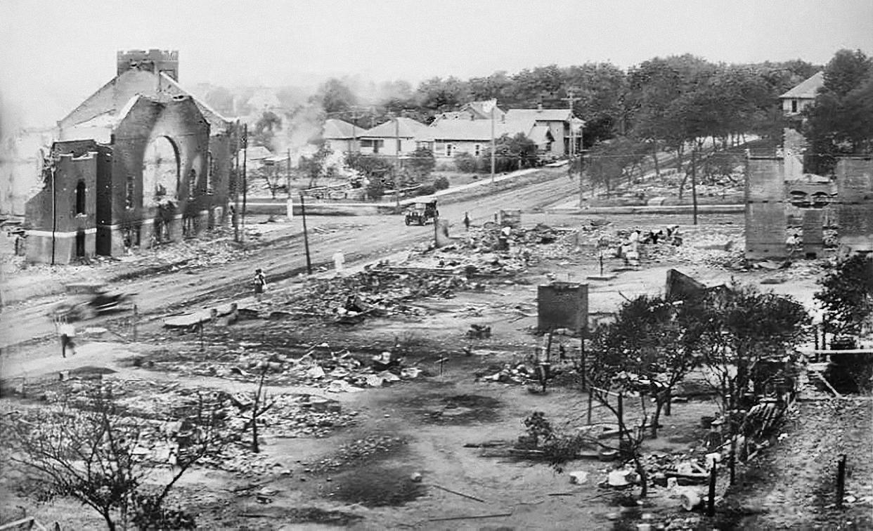 Part of Greenwood District burned in Race Riots, Tulsa, Oklahoma, USA, June 1921. (Universal HIstory Archive/Universal Images Group via Getty Images)