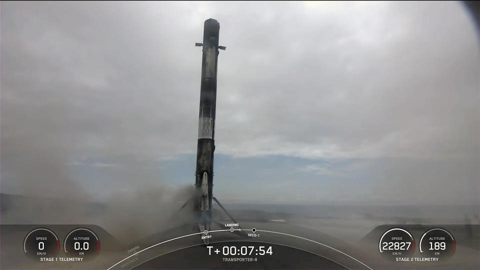 The first stage from the Transporter 8 Falcon 9, making its ninth flight, landed back at its California launch site to chalk up SpaceX's 200th booster recovery, the company's 126th successful landing in a row. / Credit: SpaceX
