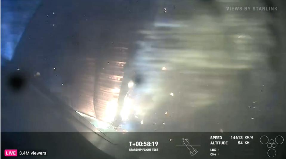 pieces of SpaceX's Starship rocket flying off as it re-enters the earth's atmosphere