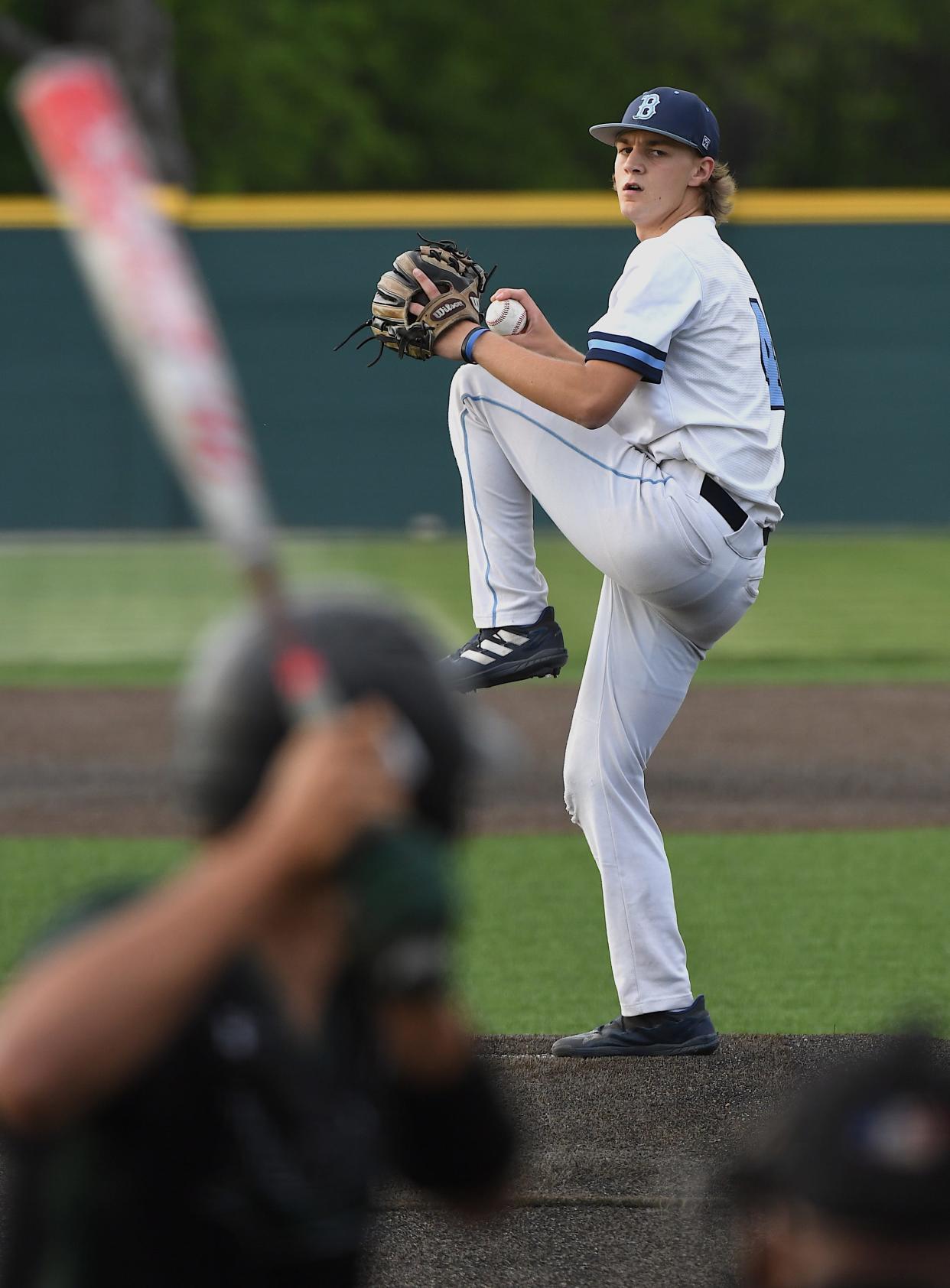 Bartlesville High School senior Brenden Asher (4) faces his final batter with a strikeout in a Bruin uniform in Bartlesville during baseball action earlier in the season.