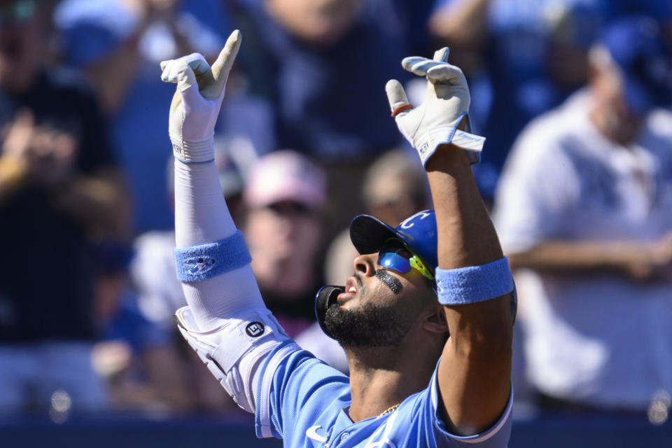 Kansas City Royals' MJ Melendez celebrates his solo home run against the New York Yankees during the second inning of a baseball game, Sunday, Oct. 1, 2023, in Kansas City, Mo. (AP Photo/Reed Hoffmann)