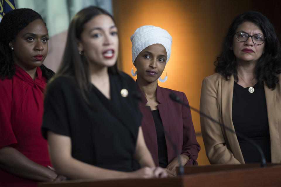 The Squad, from left: Reps. Ayanna Pressley (D-Mass.), Alexandria Ocasio-Cortez (D-N.Y.), Ilhan Omar (D-Minn.) and Tlaib, responding to President Donald Trump's disparaging remarks in July 2019. (Photo: Tom Williams/Getty Images)