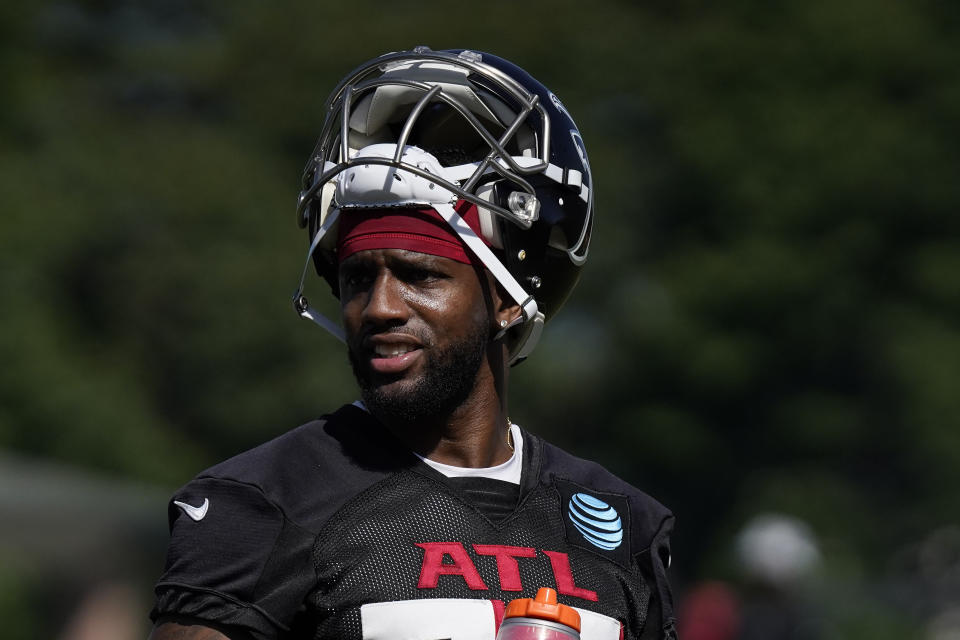 Atlanta Falcons cornerback Casey Hayward (29) looks on during the NFL football team's training camp on Thursday, July 28, 2022, in Flowery Branch, Ga. (AP Photo/Brynn Anderson)