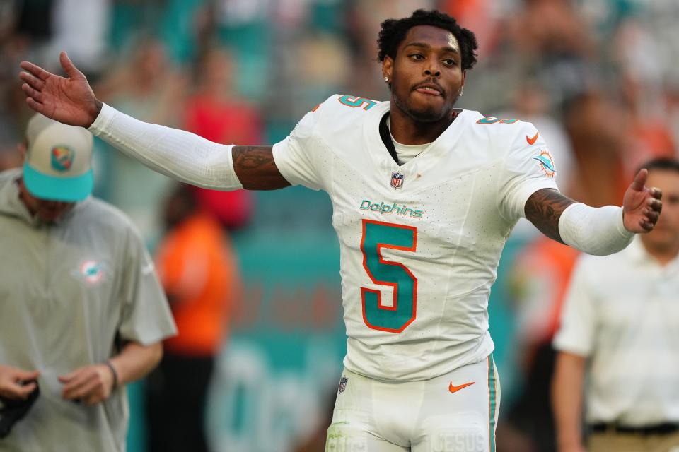 Miami Dolphins cornerback Jalen Ramsey (5) celebrates after his interception against the Las Vegas Raiders during the second half November 19, 2023, at Hard Rock Stadium in Miami Gardens, Florida. Mandatory Credit: Jasen Vinlove-USA TODAY Sports