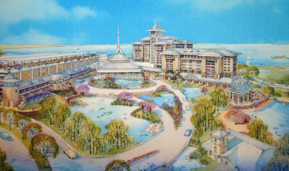 Plans released in 2002 for a casino resort in Diamondhead show a mix of amenities incorporating the waterfront. Diamondhead Casino Corp. is trying to find a developer for the casino while creditors are trying to force involuntary bankruptcy.