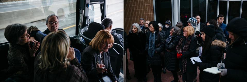 Left: Gary Benjamin and Melody Hart talk with others on the bus ride from Cleveland Heights, Ohio, to Ann Arbor, Michigan. Right: The ACLU addresses a group of about 30 people to travel from Cleveland Heights, Ohio, to Ann Arbor, Michigan, to show their support for detained asylum-seeker Ansly Damus. (Photo: Sean Proctor for HuffPost)