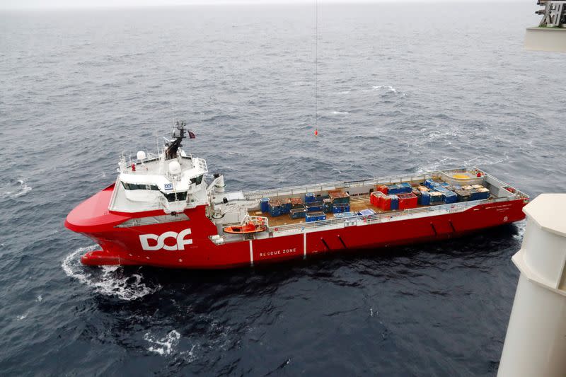 FILE PHOTO: A supply vessel is seen at the Equinor's Johan Sverdrup oilfield platform in the North Sea