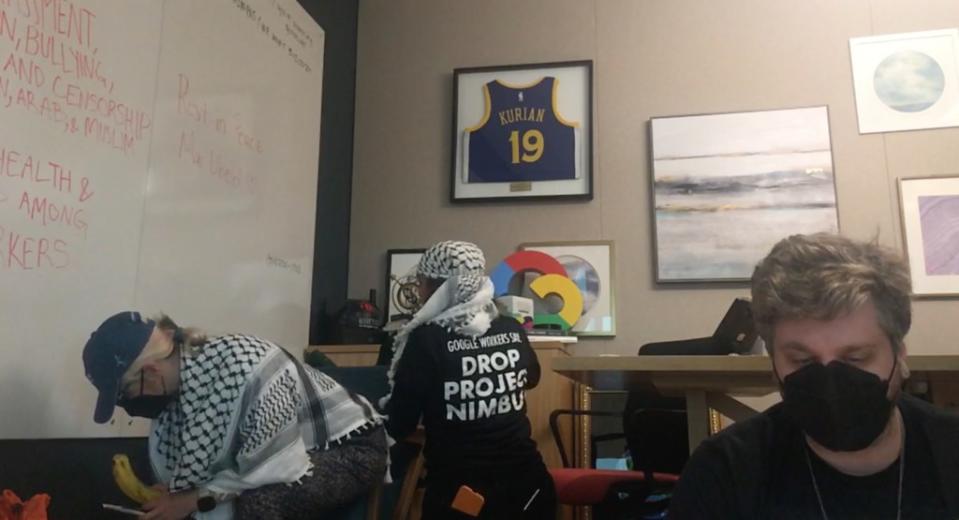 The employees, who are members of an organization called “No Tech For Apartheid,” livestreamed the sit-in on Twitch. Twitch/notech4apartheid
